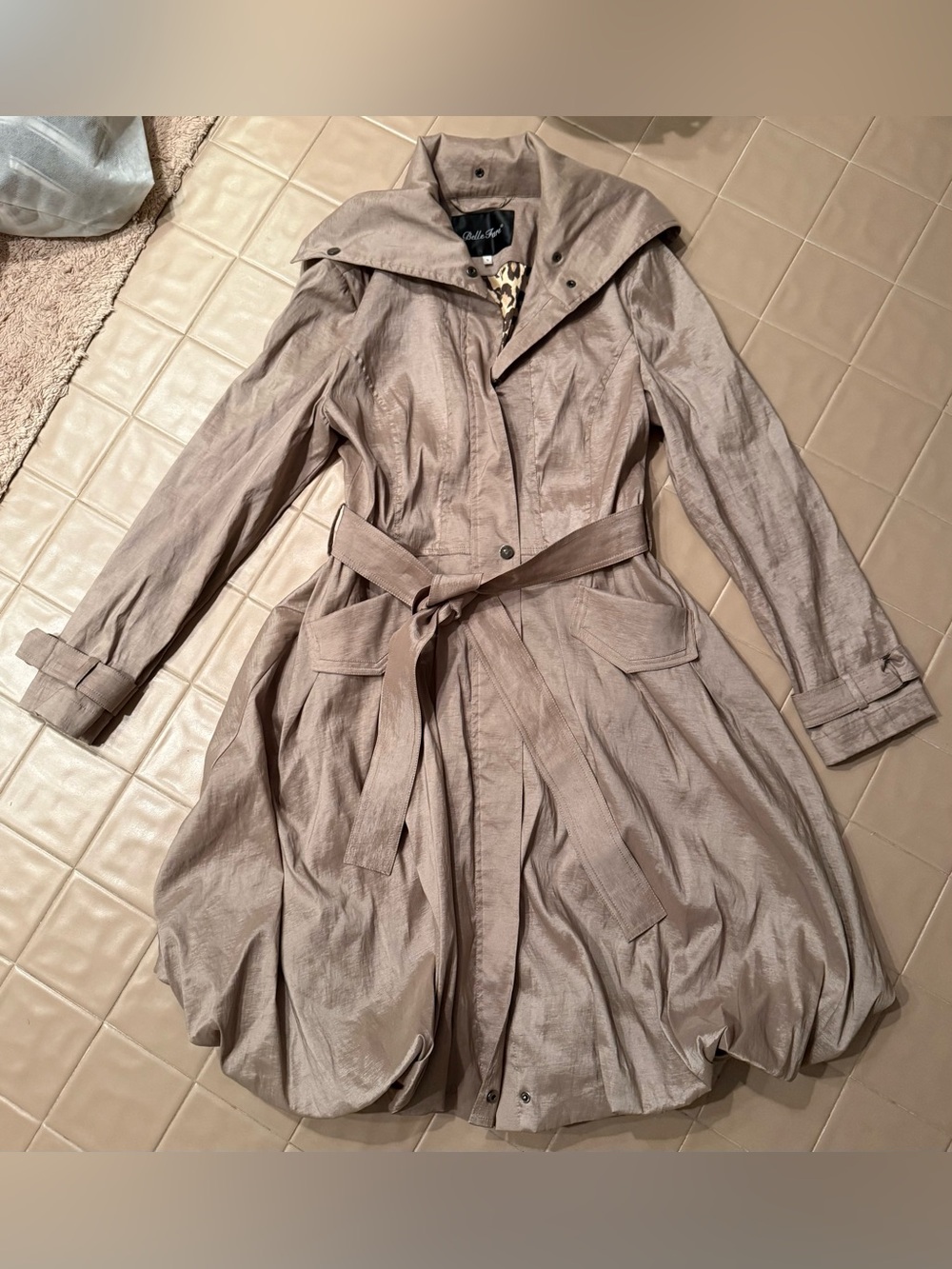 Belle Fare small S Metallic Taupe Trench Coat Belted Bubble Hem Leopard Lined